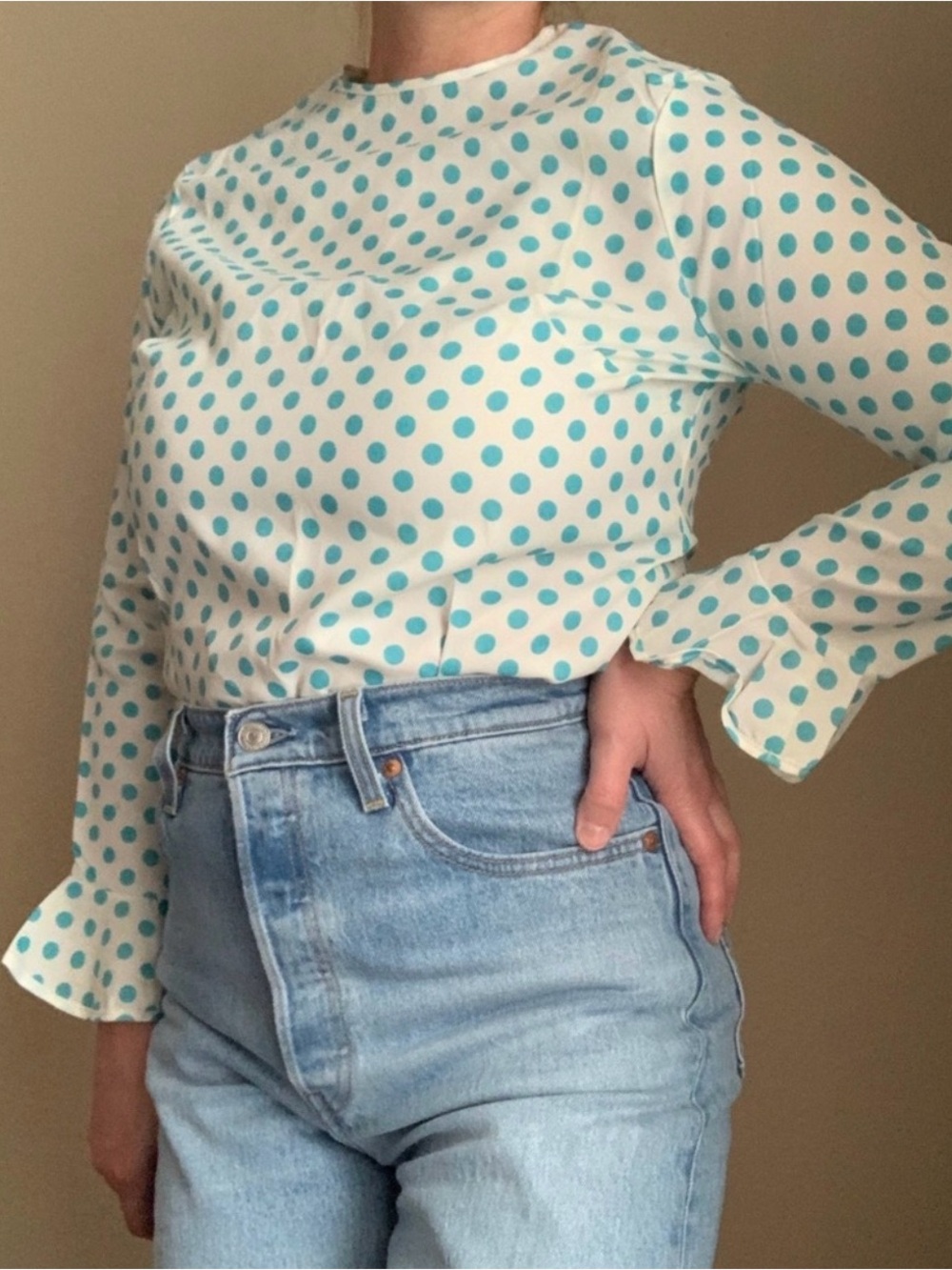 Vintage white & teal 70s/80s Long Sleeve Blouse